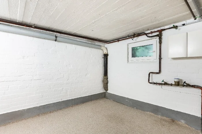 Leerer Kellerraum mit Rohren an der Wand