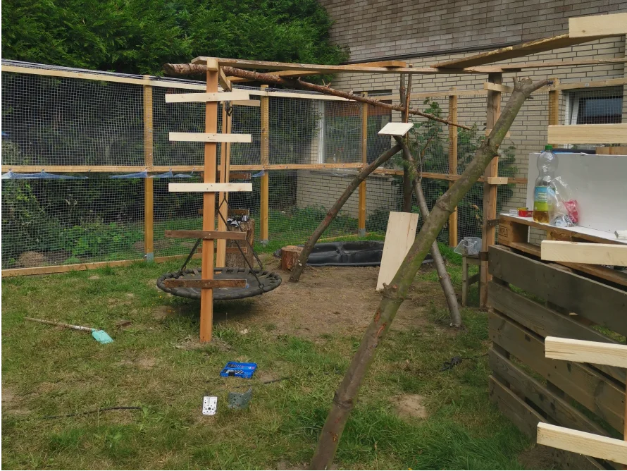 Garten mit Holzschaukel und Budenkonstruktion