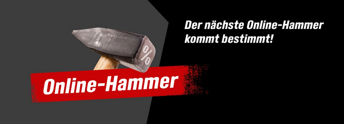 Ein Hammer mit einem Prozentzeichen mit dem Hinweis der nächste Online-Hammer kommt bestimmt.