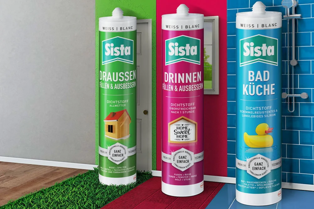 Drei Tuben Silikonkleber in verschiedenen Farben