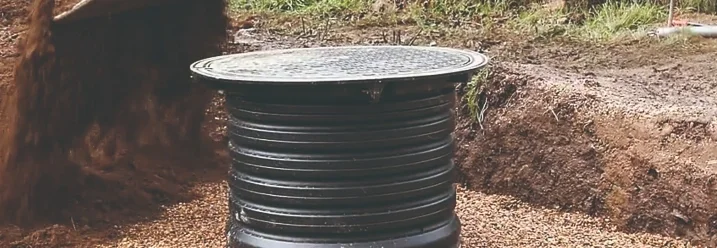 Bagger schüttet Erde neben Zisterne auf