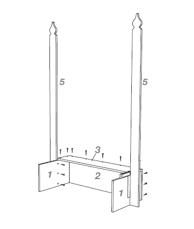 Bauanleitungsskizze für ein Holzgestell mit nummerierten Teilen und Schrauben.