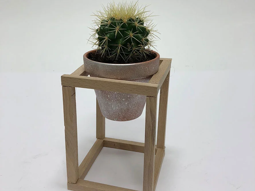 Kaktus in einem Topf auf einem Holzständer