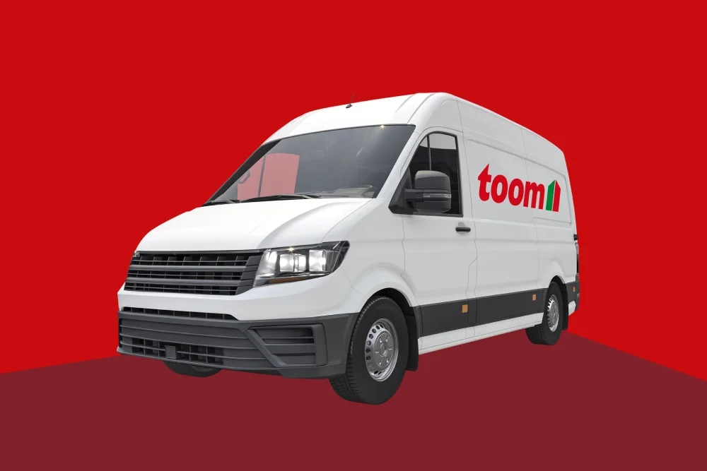 Weißer Transporter vor rotem Hintergrund