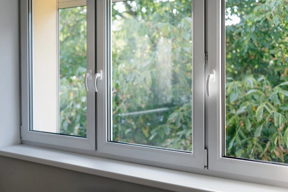 Weißer Fensterrahmen mit modernen Aluminiumprofilen 