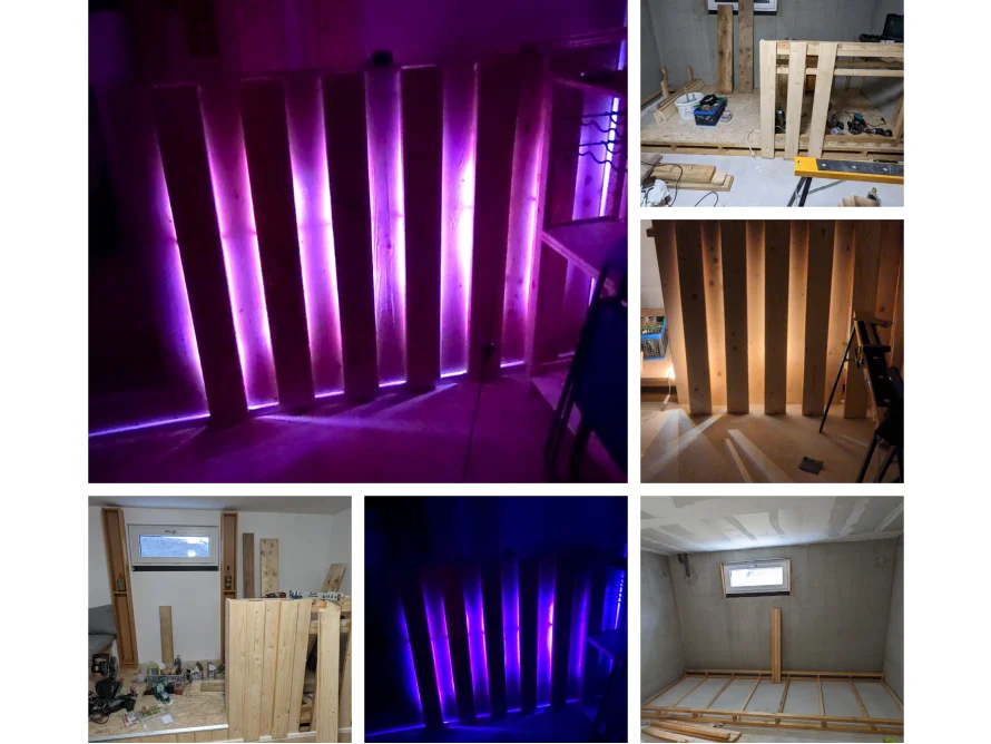 Wandverkleidung aus Holz mit LED Beleuchtung