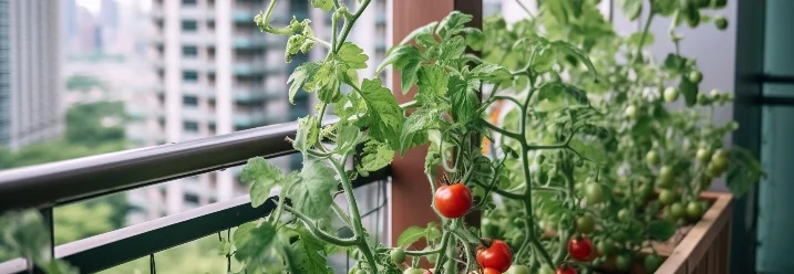 Tomatenpflanzen in einem Hochbeet auf einem Balkon