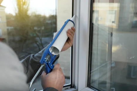 Person versiegelt Fensterrahmen mit Dichtmittel.