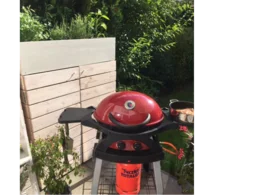 Roter Gasgrill auf Terrasse vor Gartenhaus