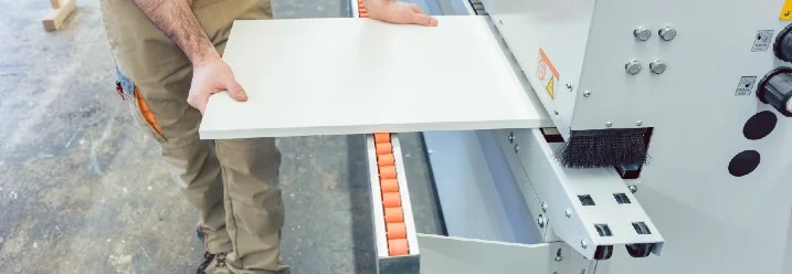 Person legt Holzplatte in Furniermaschine