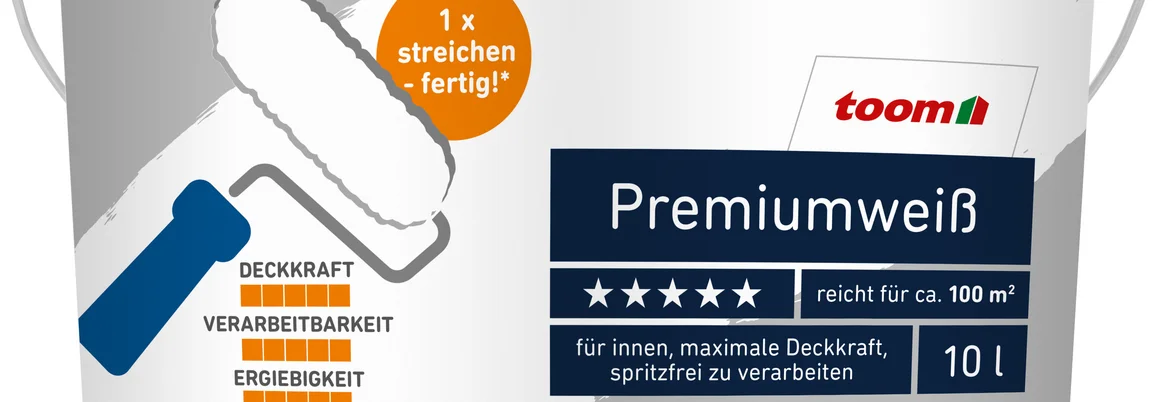 Weißer Farbeimer mit blauem Deckel und orangenen und grünen Labeln