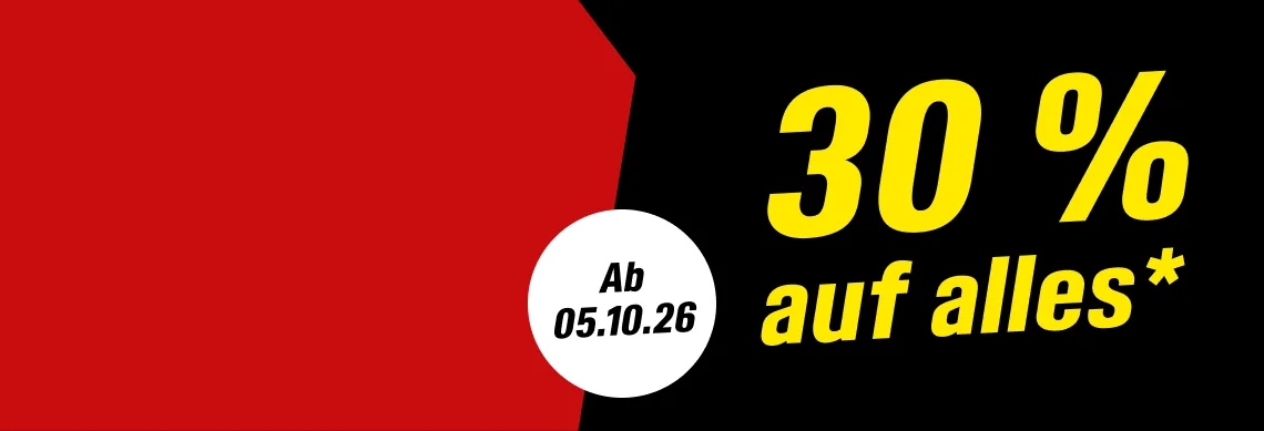 Ein Werbebanner kündigt eine Rabattaktion an: 30 Prozent auf alles.