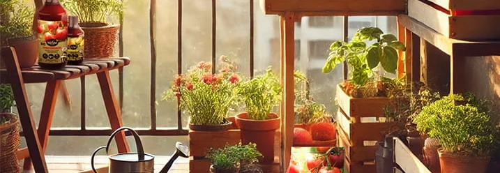 Sonniger Balkon mit vielen Pflanzen