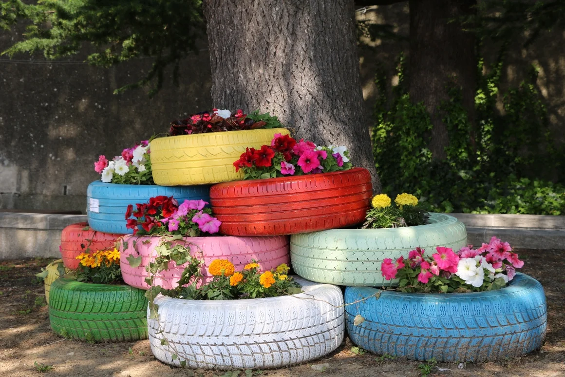 Blumen in alten, bemalten Reifen