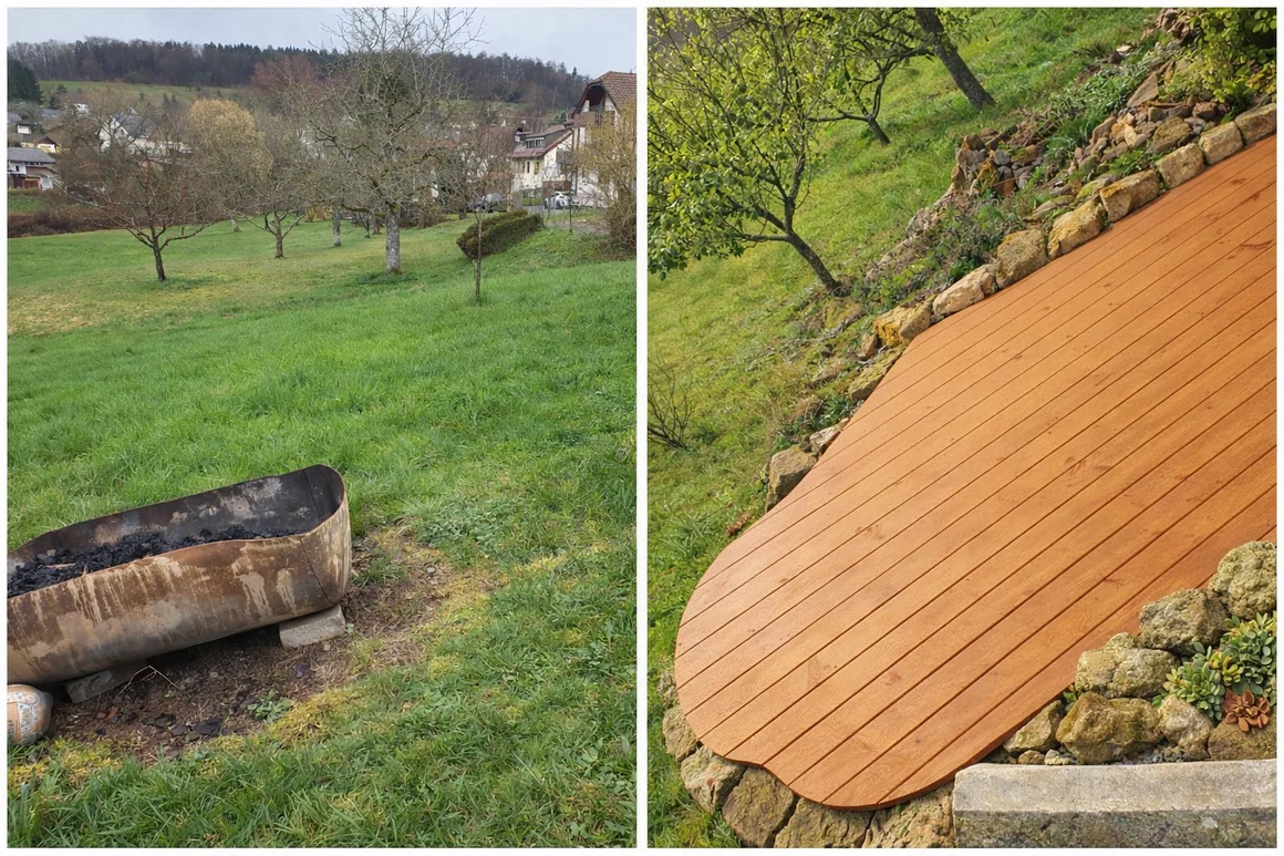 Vorher-Nachher-Vergleich: Eine Wiese wird zu einer neuen Holzterrasse umgestaltet.