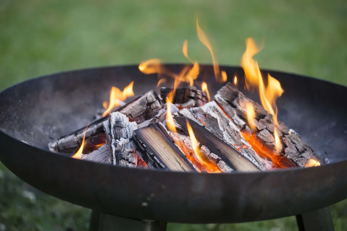 Brennende Holzscheite in Feuerschale