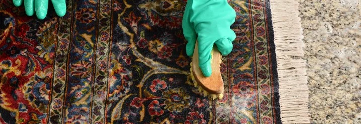 Person reinigt Teppich mit Bürste