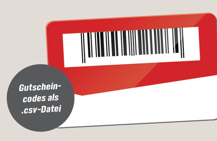 Roter Gutschein mit Barcode und dem Hinweis Gutscheincodes als .csv-Datei
