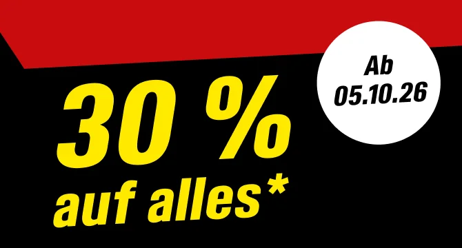 Aktionsbanner mit der Aufschrift: 30 % auf alles*, gültig ab 05.10.26.