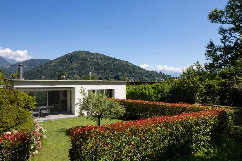 Ein weißer, moderner Bungalow mit einem Garten voller Hecken vor einer Bergkulisse.