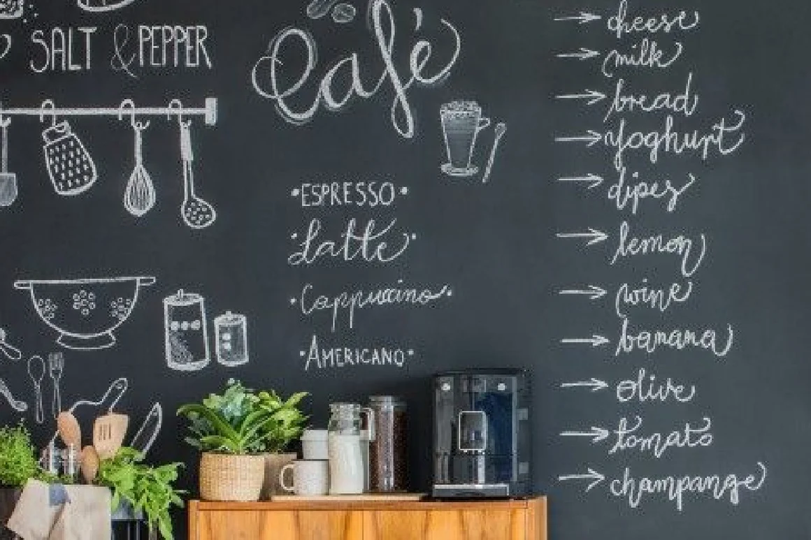 Küchenwand mit Kreidetafel und Kaffeemaschine