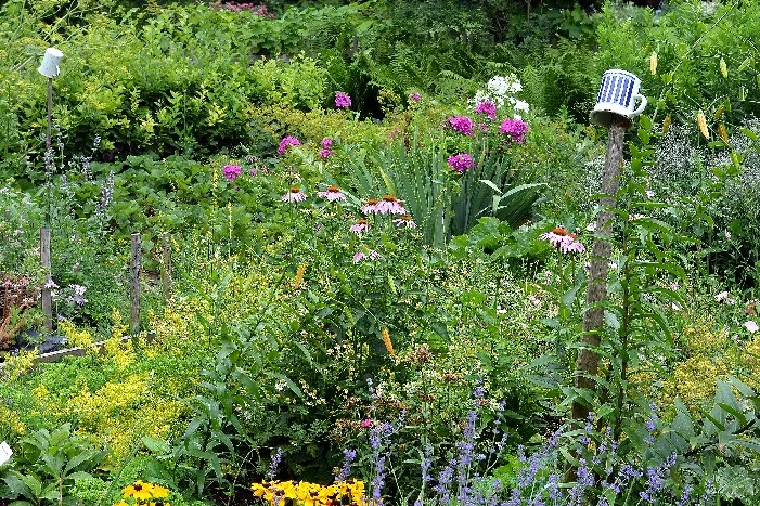 Blühender Garten mit Tassen auf Holzpfählen