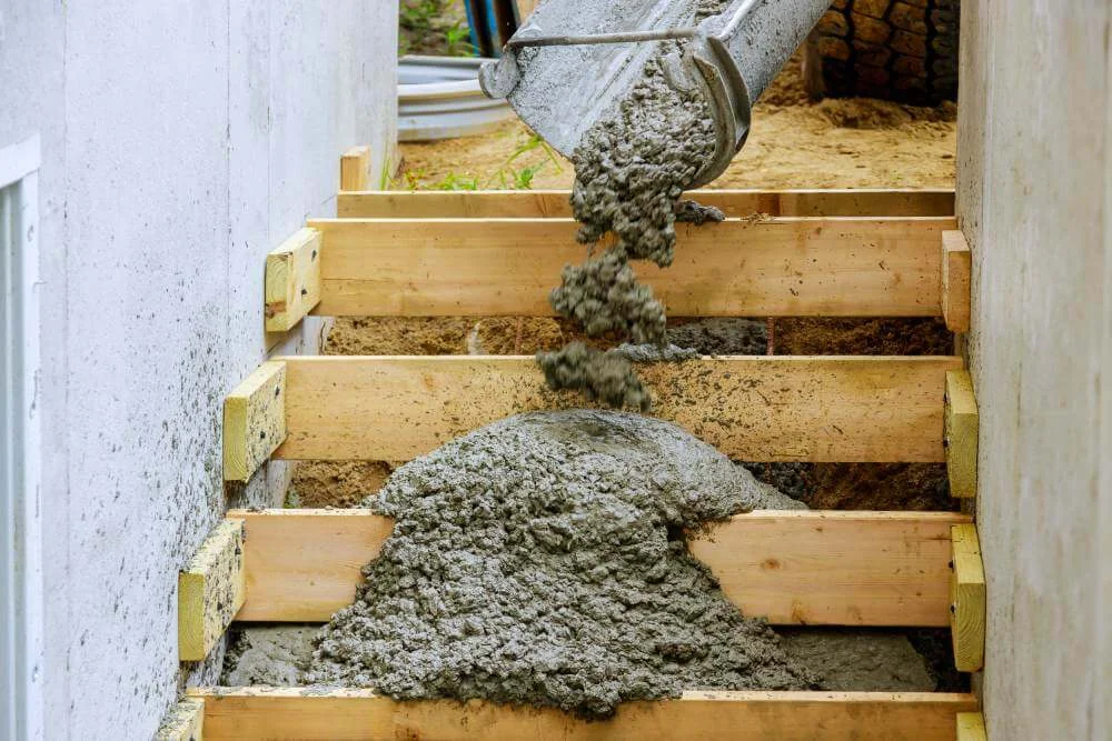 Beton wird aus einer Schütte in die hölzerne Schalung einer Treppe gefüllt.