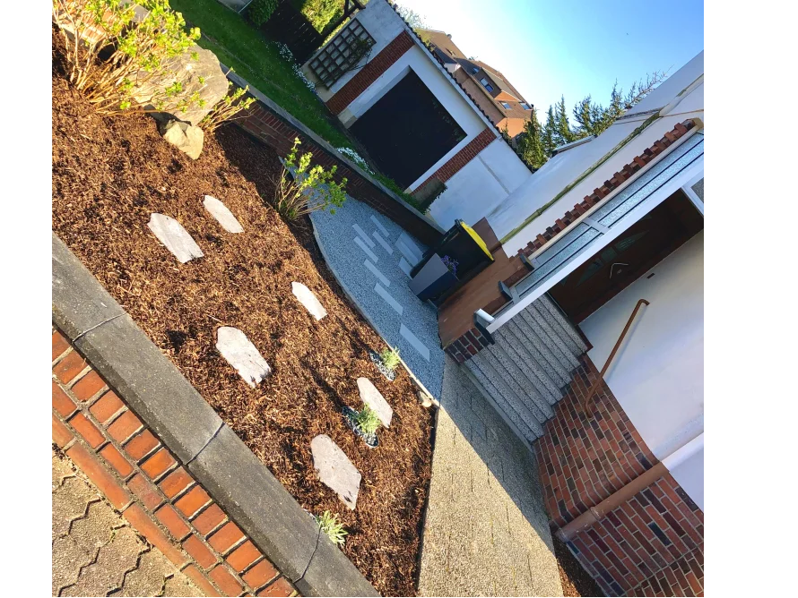 Gepflasterter Weg durch einen Garten