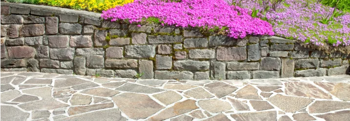 Gartenweg aus Steinplatten mit Blumen