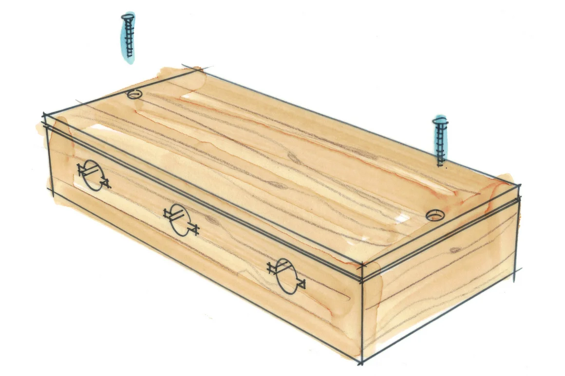 Zeichnung einer rechteckigen Spardose aus Holz