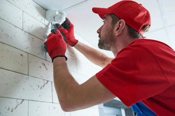 Person montiert Gerät an Wand.