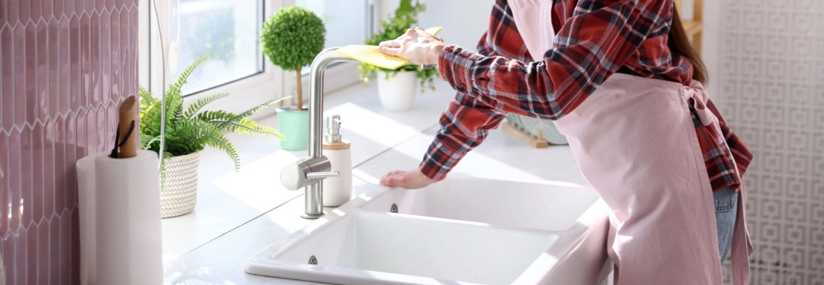 Person reinigt mit einem gelben Tuch einen Wasserhahn in der Küche.
