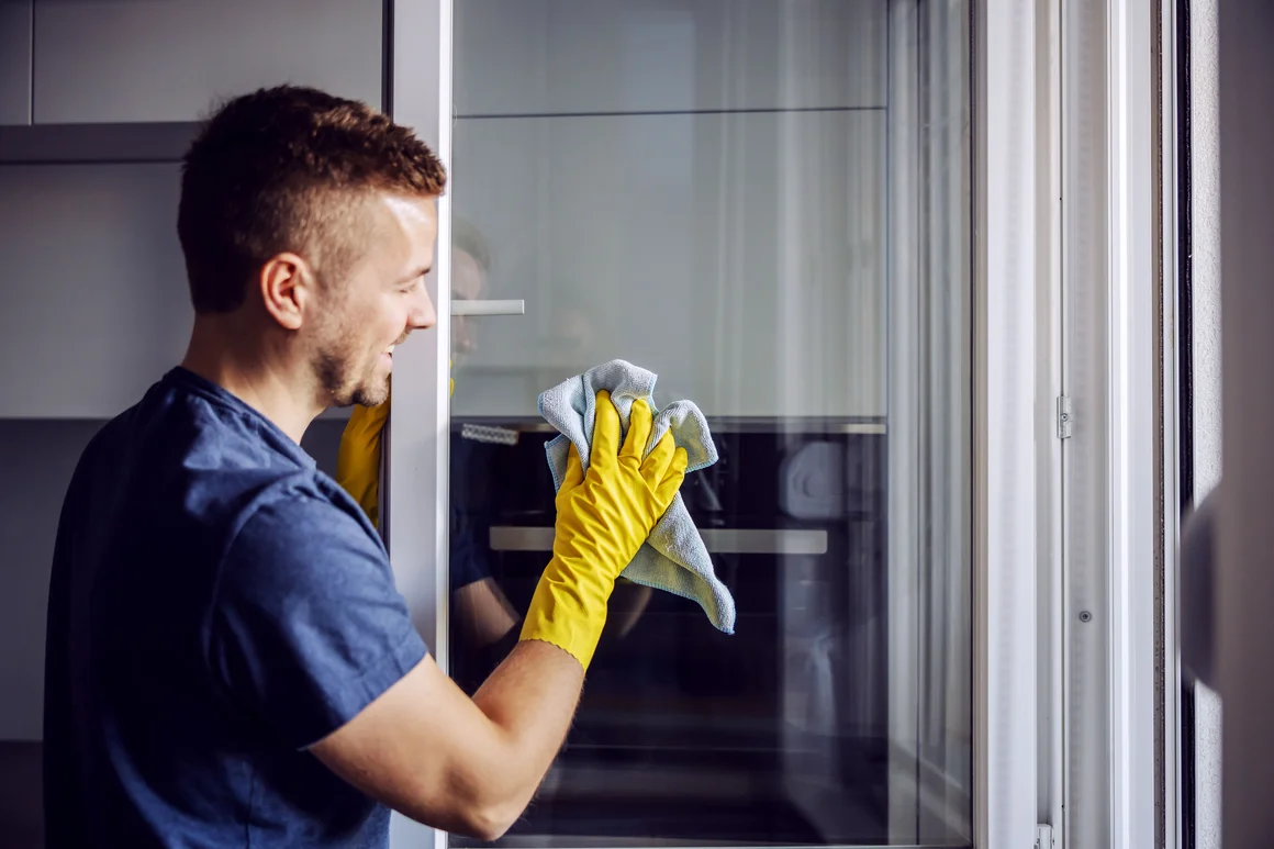 Person reinigt Fenster mit blauem Tuch