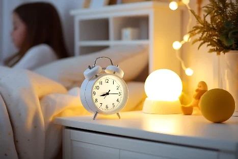 Wecker auf Nachttisch mit Nachtlicht