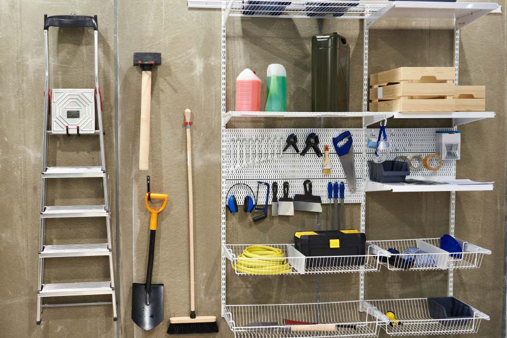 Ordnung in der Garage mit Regalsystem, Werkzeugen und Gartengeräten.